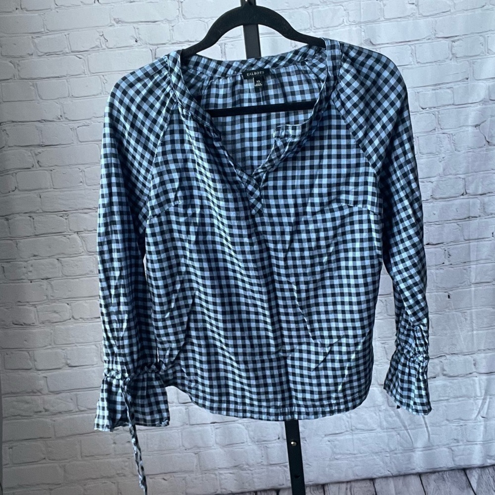 Talbots Black and Blue Gingham Print Blouse Size XS